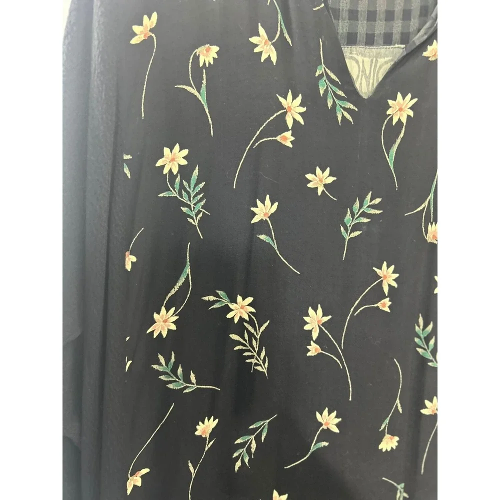 Onion‎ Womens Floral Embroidered Mixed Media Midi Dress Black Gingham Trim 913
